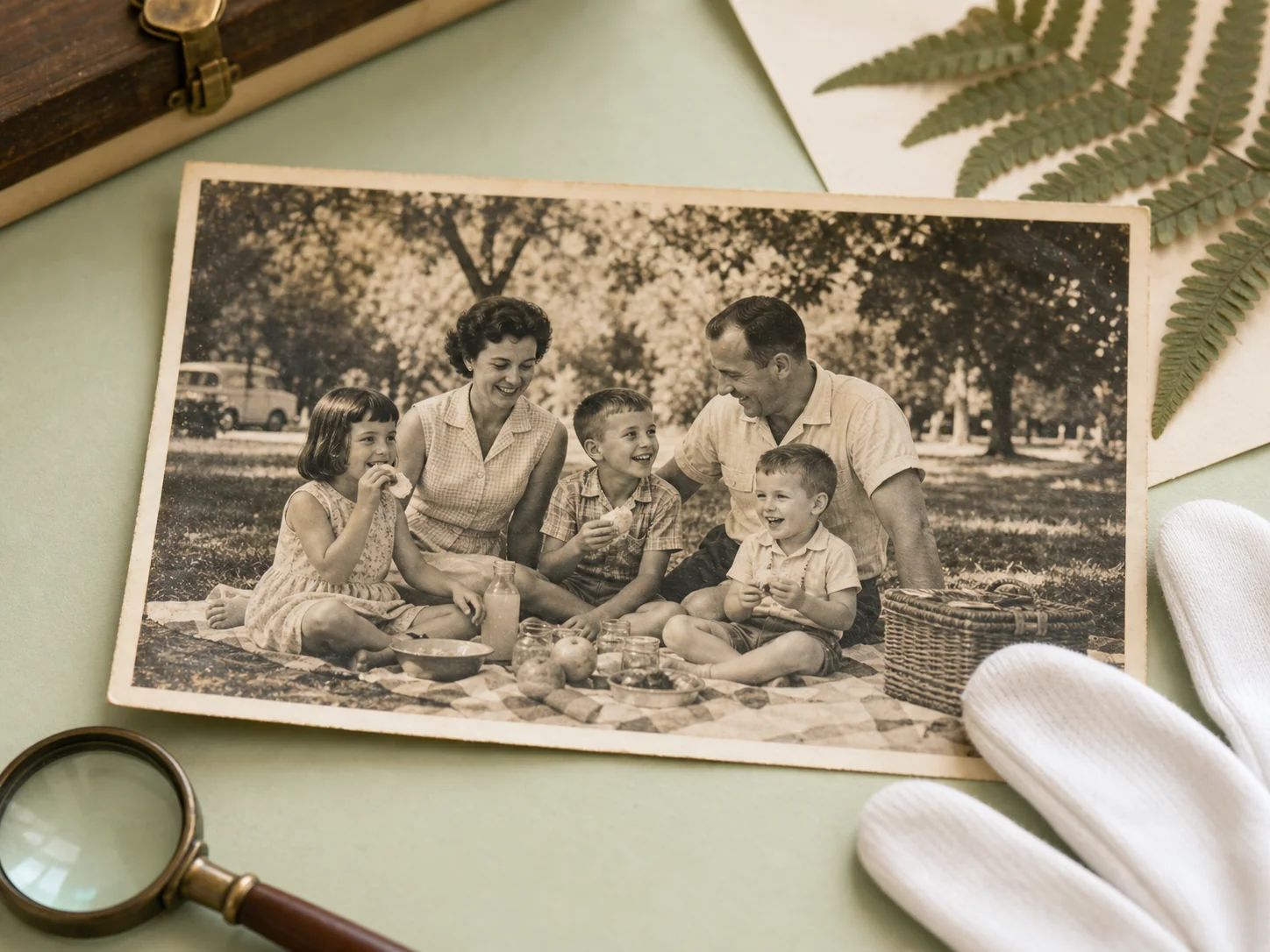 Vintage family photograph on a restoration desk