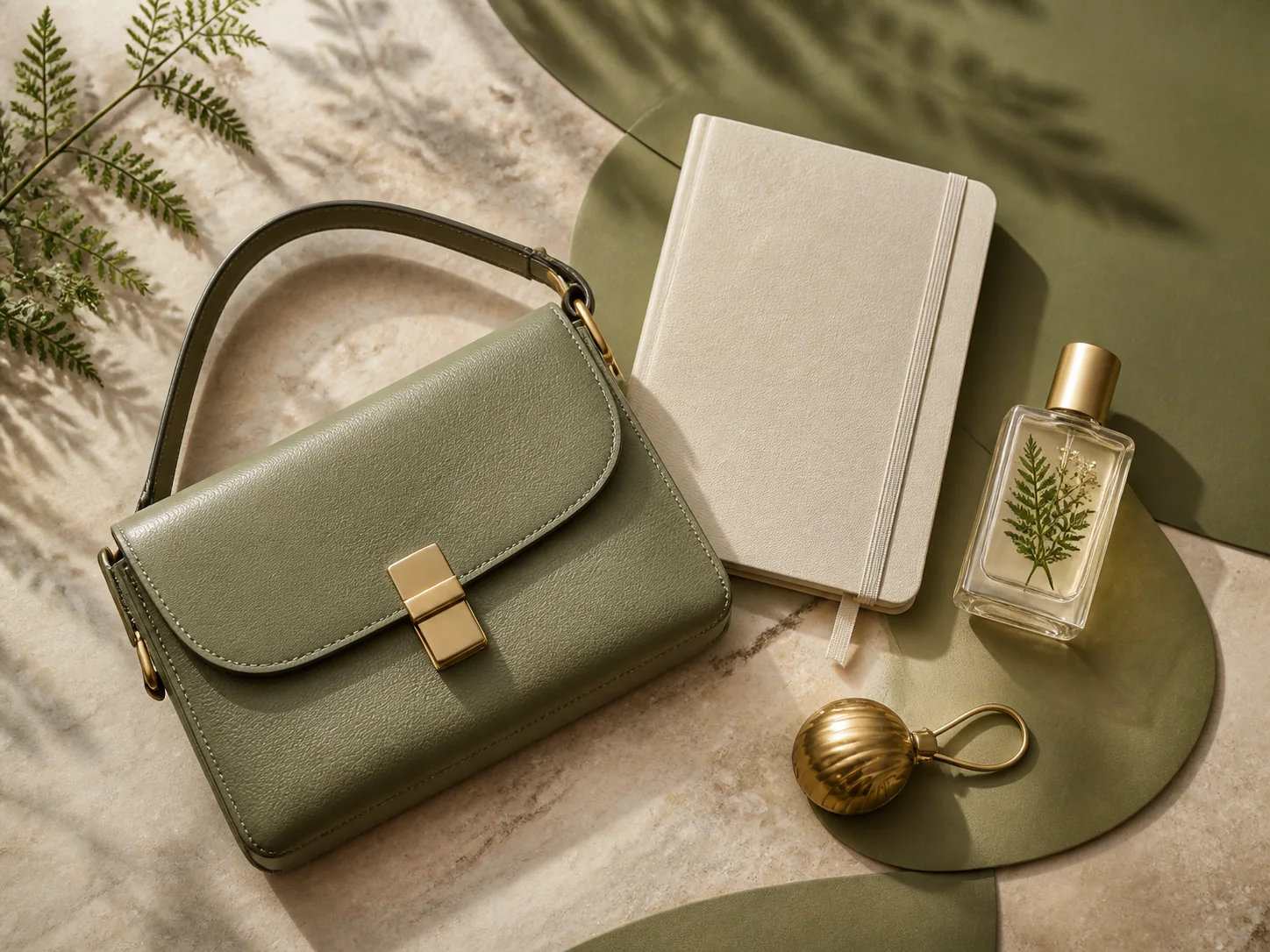 Luxury sage product catalog flat lay