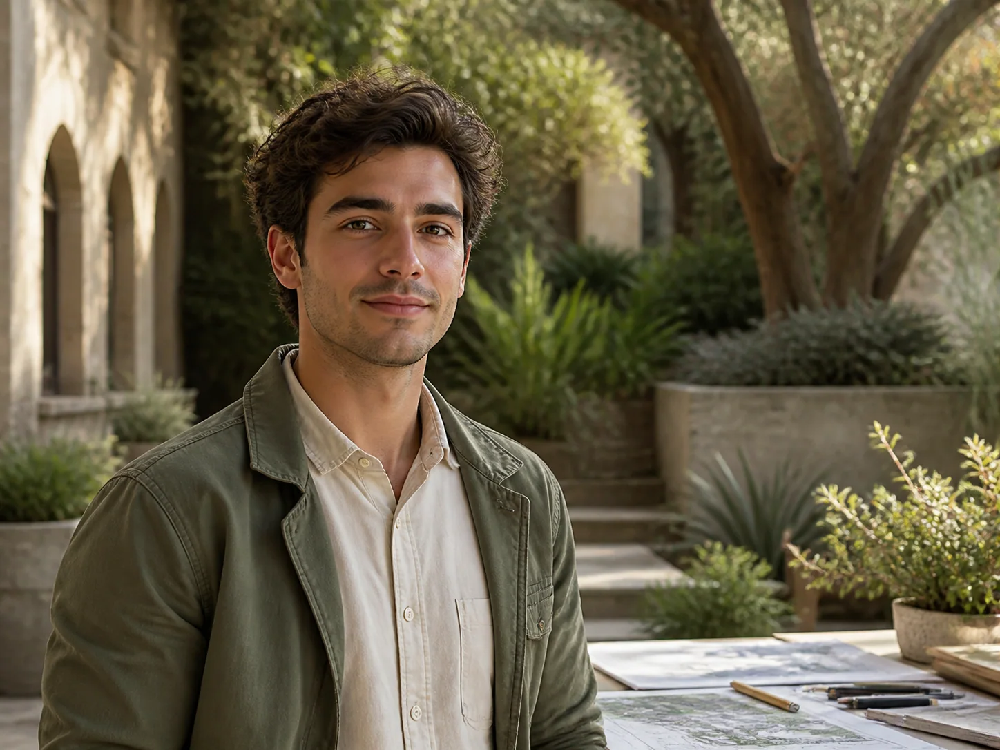 Enhanced Outdoor portrait in a botanical courtyard